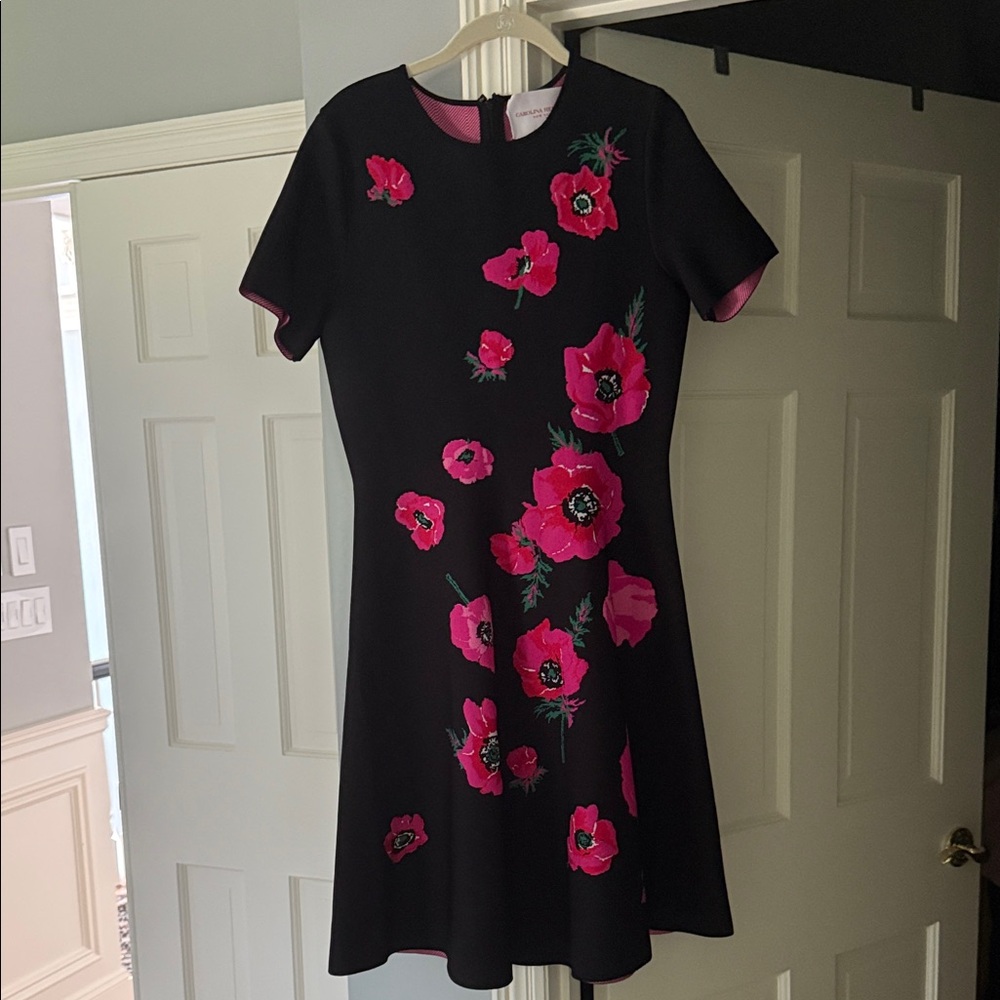Carolina Herrera Black Dress with Pink Floral Design